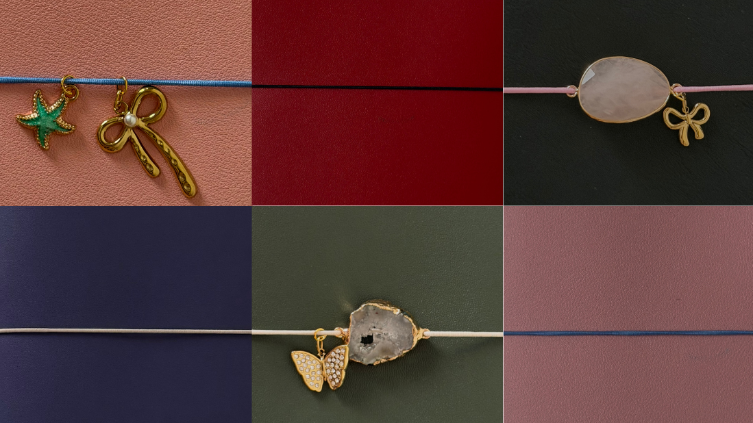 A collage of six color panels showcasing delicate jewelry on thin cords. The set includes gold-toned charms like a starfish, an anchor, a butterfly, and a geode, alongside a pale pink stone charm on a pink cord, and a gold butterfly charm on a blue cord.